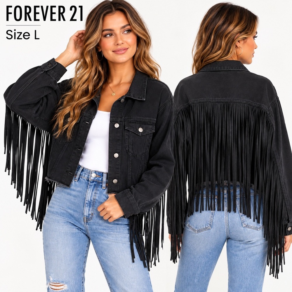 Forever 21 Denim Jacket Women Large Black Fringe Cropped Western Boho Tassel EUC